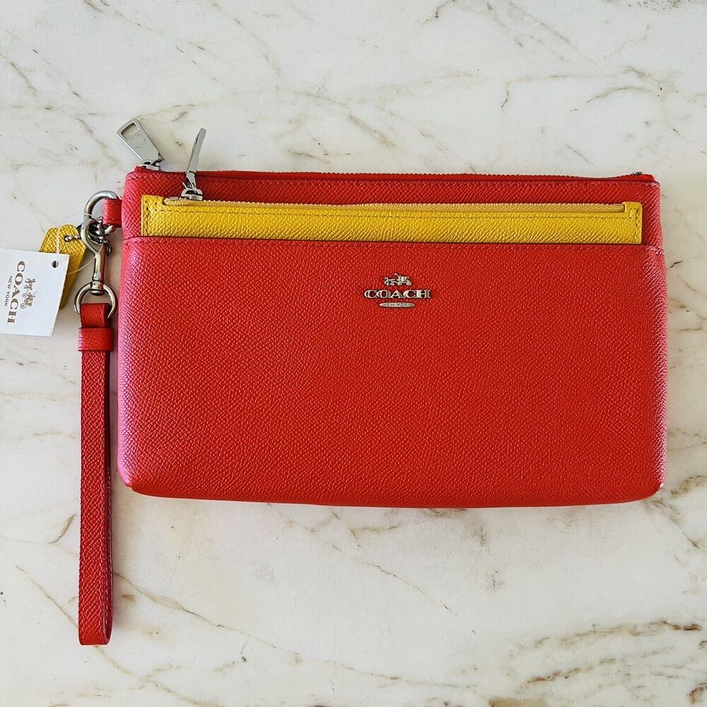 COACH Orange Yellow Color Block Leather Pop Pouch Clutch Wristlet